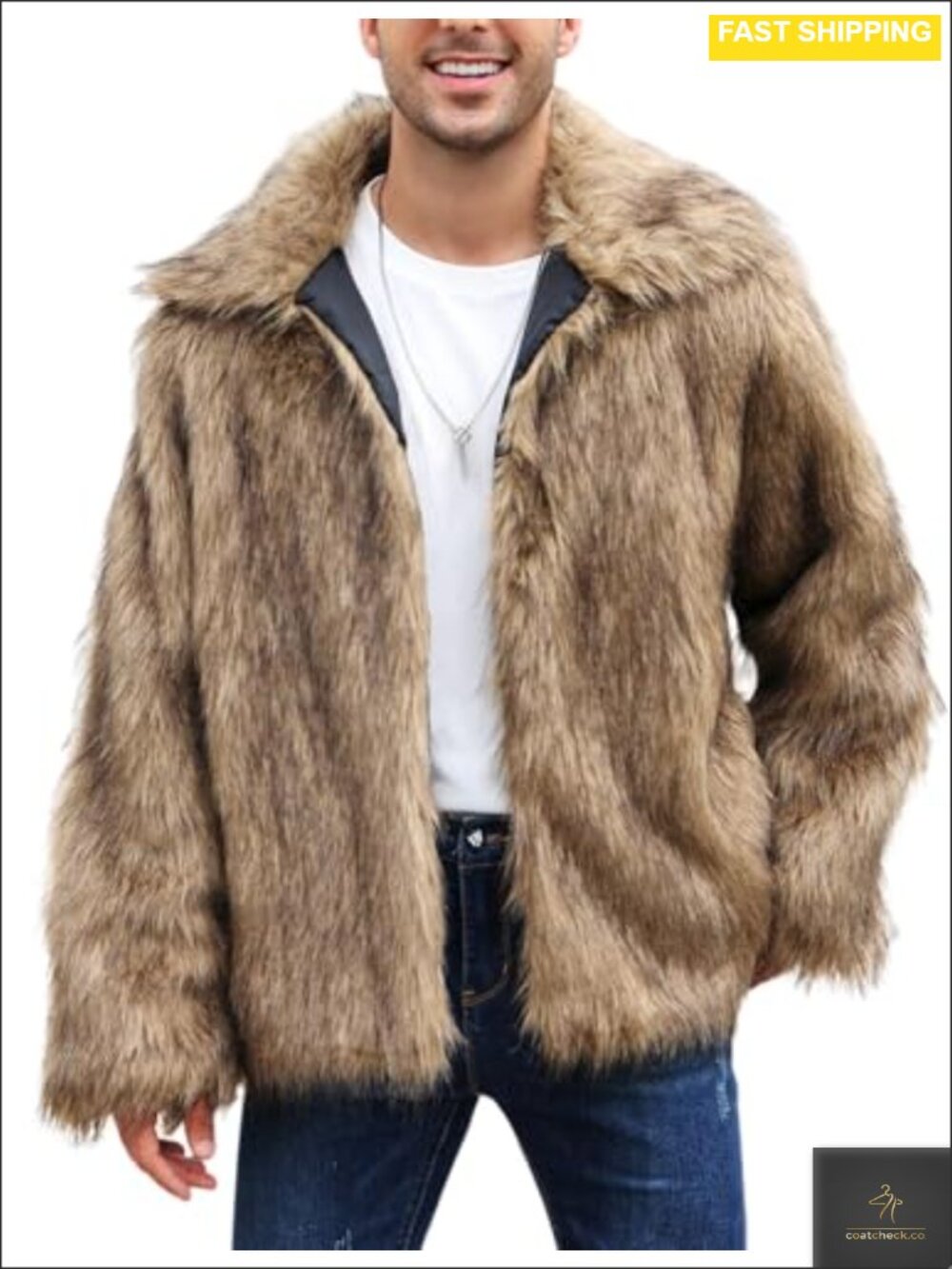 Faux Fur Coat Men Warm Winter Fluffy Furry Jacket Long Sleeve